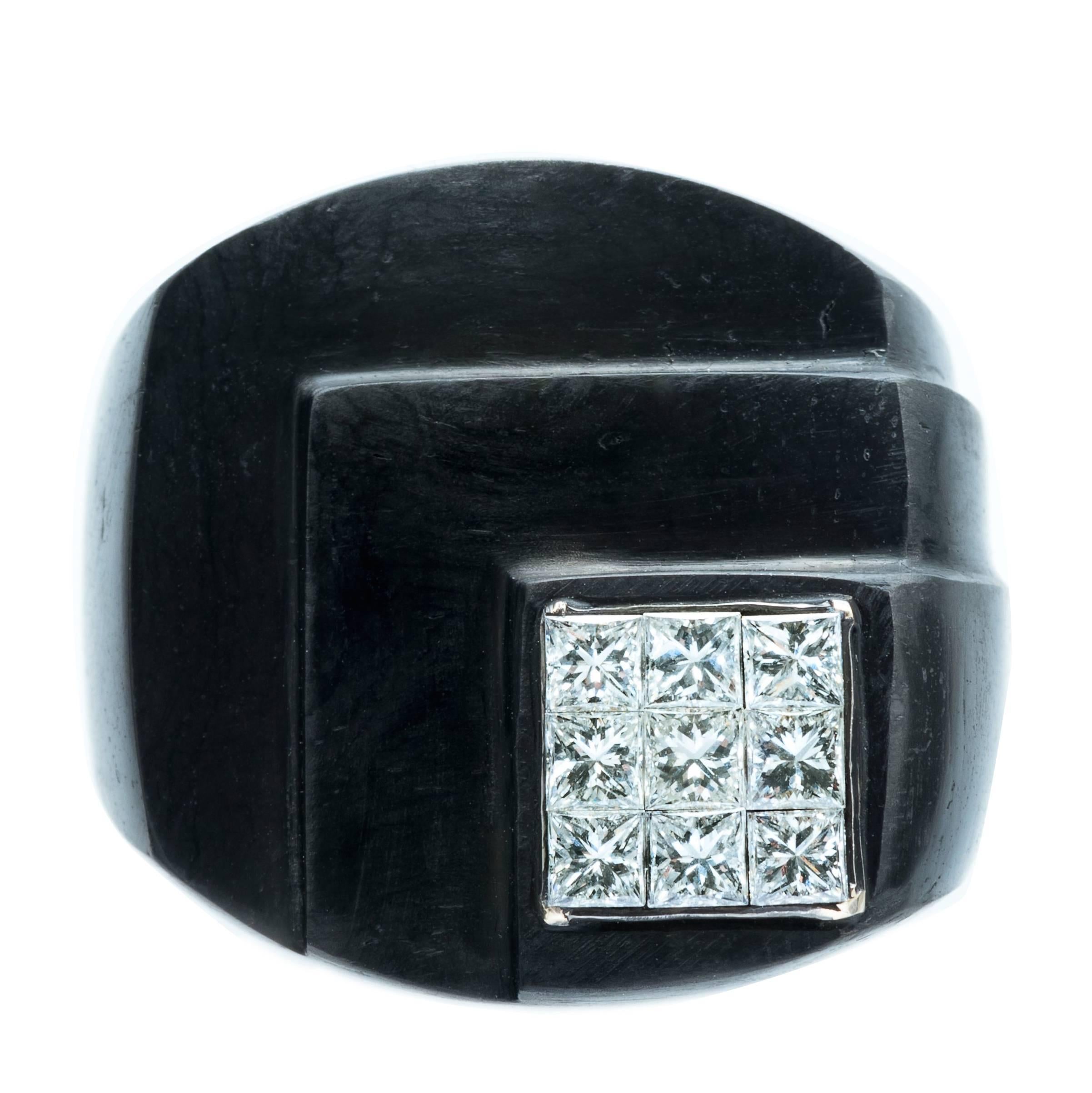 Hedy Martinelli Carbon Fiber Princess Cut White Diamond Pave Ring For Sale