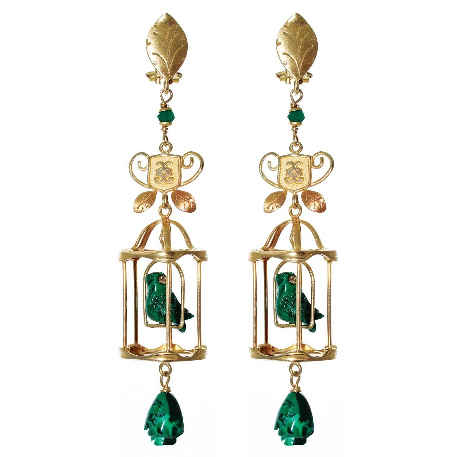  18k Yellow Gold Diamond Emerald Malachite Bird Cage Dangle Drop Earrings For Sale
