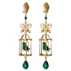 18k Yellow Gold Diamond Emerald Malachite Bird Cage Dangle Drop Earrings