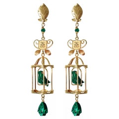  18k Yellow Gold Diamond Emerald Malachite Bird Cage Dangle Drop Earrings