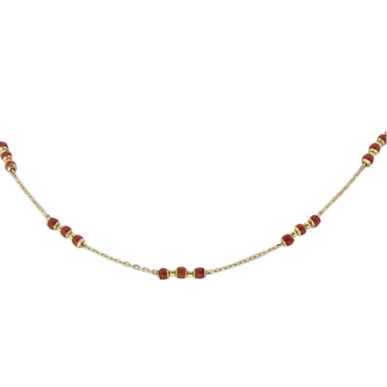 Red Beaded Corals, 18K Yellow Gold Chain Retrò Necklace