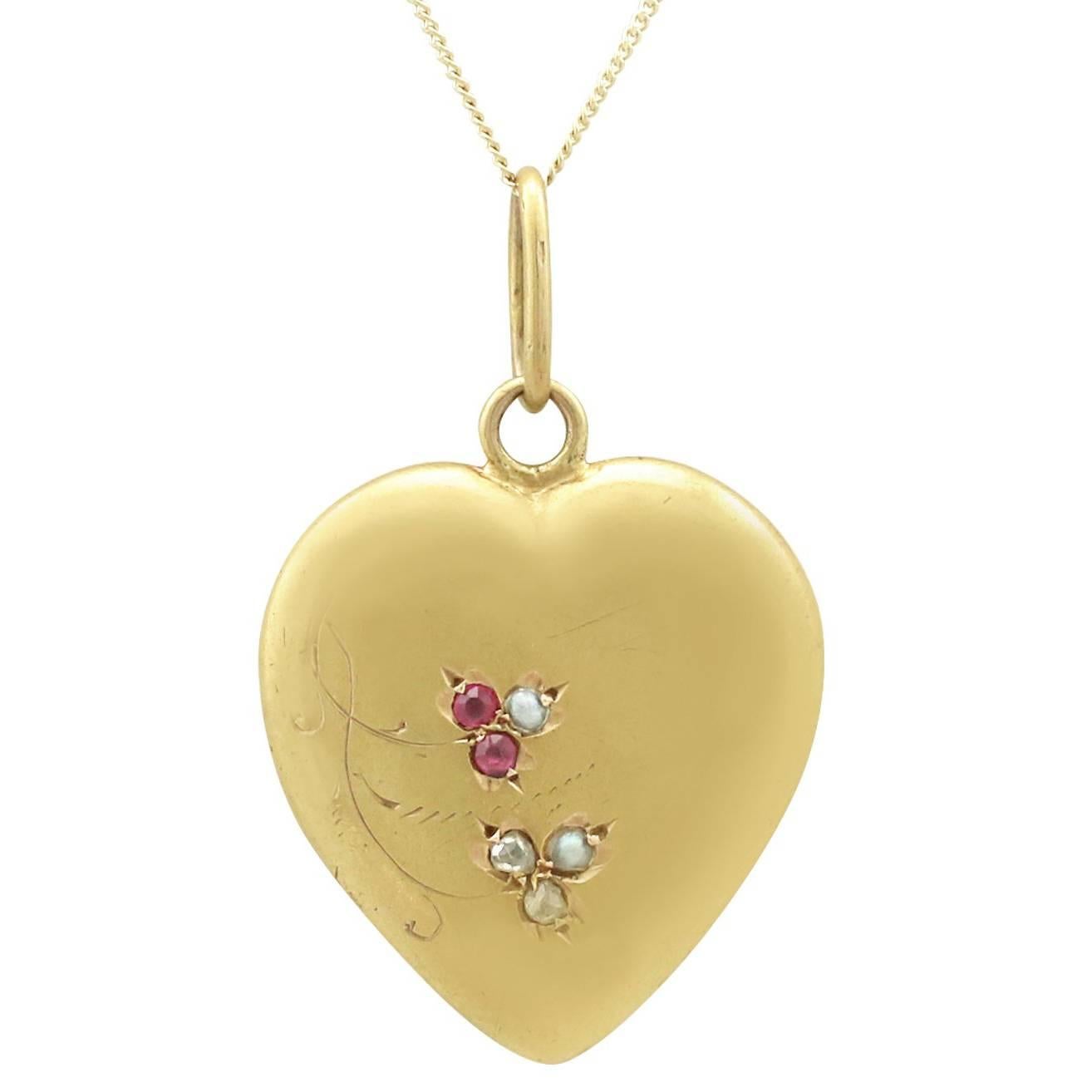 1900s Diamond and Ruby, Seed Pearl Yellow Gold Heart Pendant