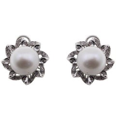 0.43 ct Diamonds, 41.73 ct Big australian Pearl White Gold Flower Earrings