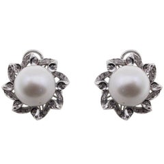 Vintage 0.43 ct Diamonds, 41.73 ct Big australian Pearl White Gold Flower Earrings