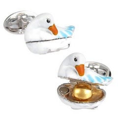 Jan Leslie Golden Egg and Goose Enamel Silver Cufflinks