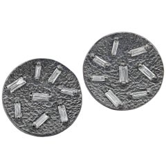 White Diamond Baguette Textured Concave Coin Oxidized Silver Stud Earrings