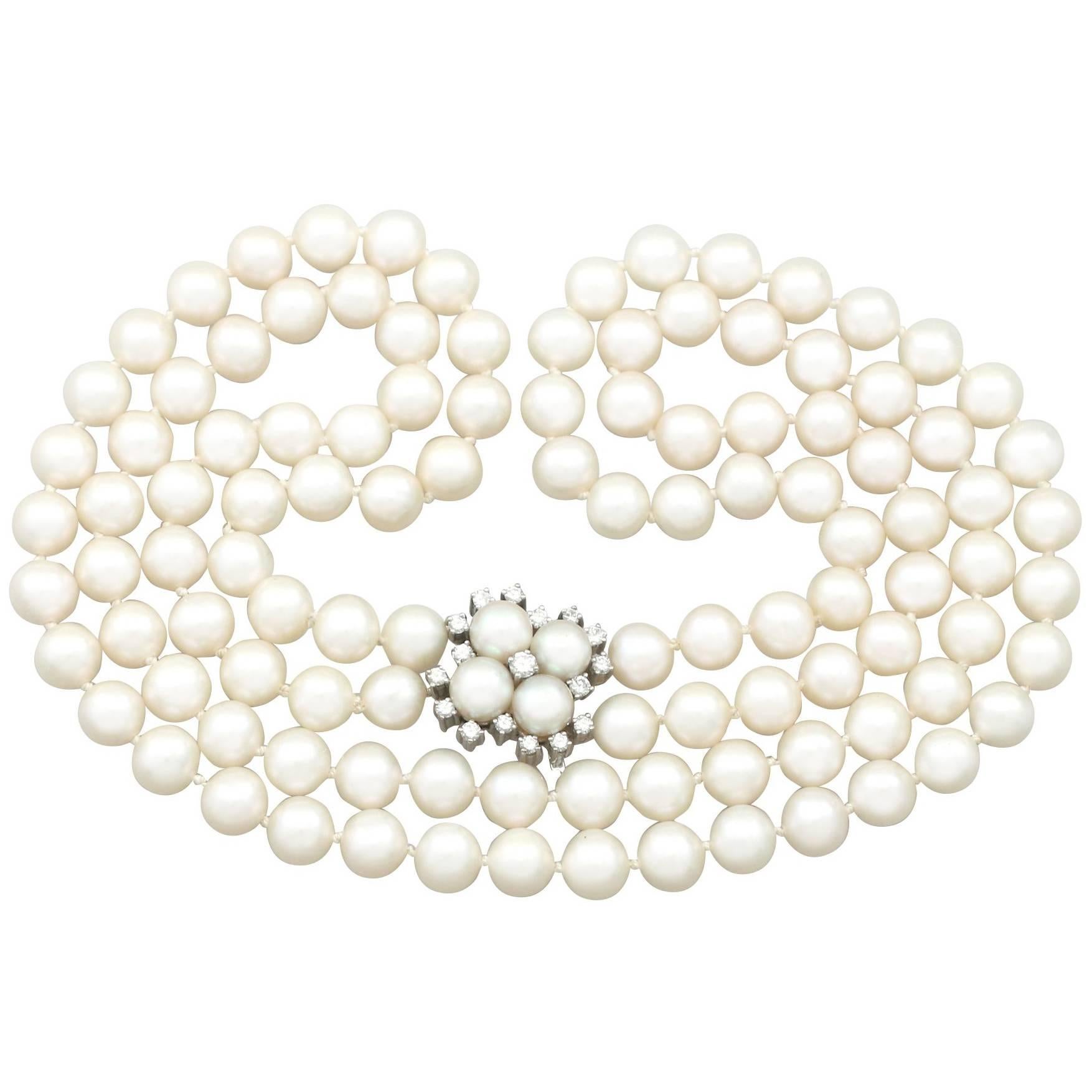 1970s Double Strand Pearl Necklace with Diamond Set Clasp
