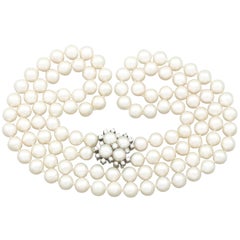collier de perles à double brin des années 1970 avec fermoir serti de diamants