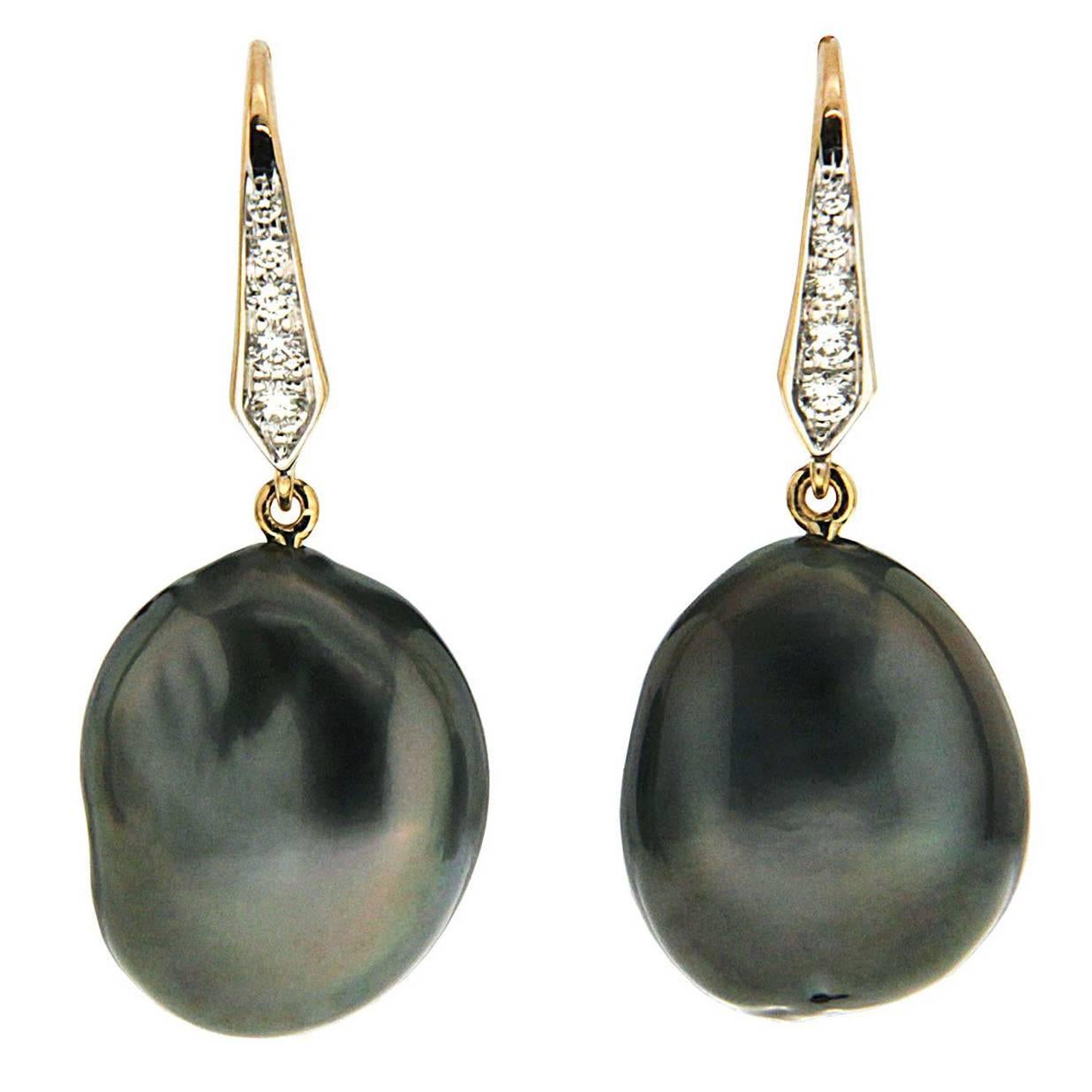 Valentin Magro Tahitian Tear Drop Pearl Earrings with Diamond Lever Back