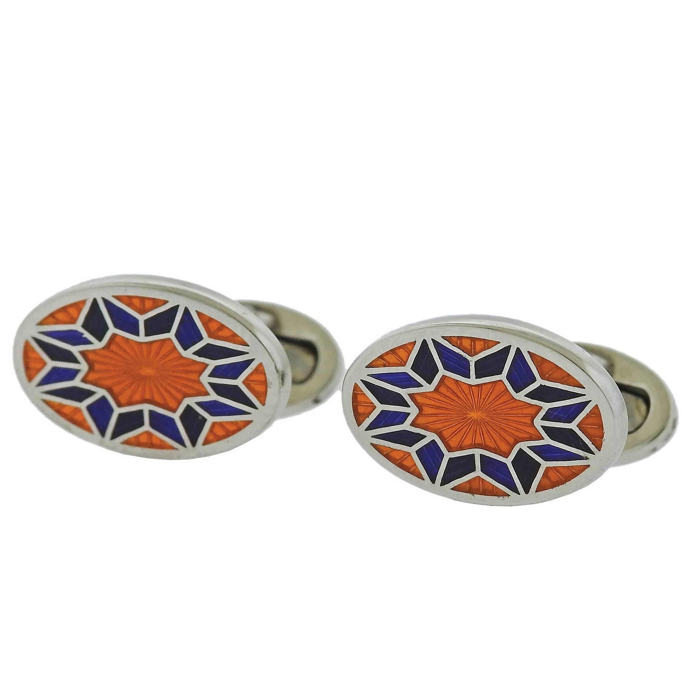 Jan Leslie Orange Purple Enamel Silver English Flower Pattern Cufflinks For Sale