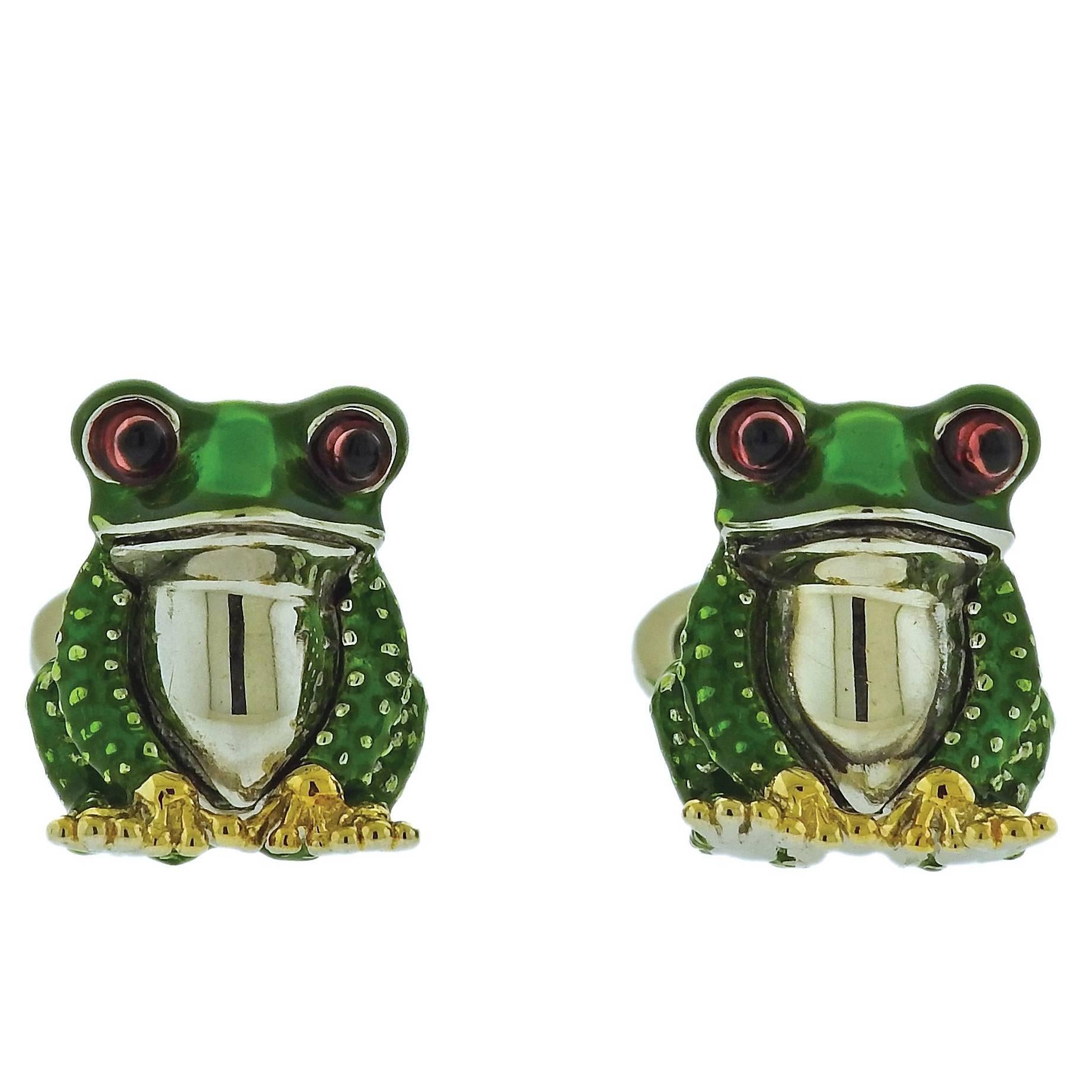 Jan Leslie Frog Enamel Silver Cufflinks For Sale