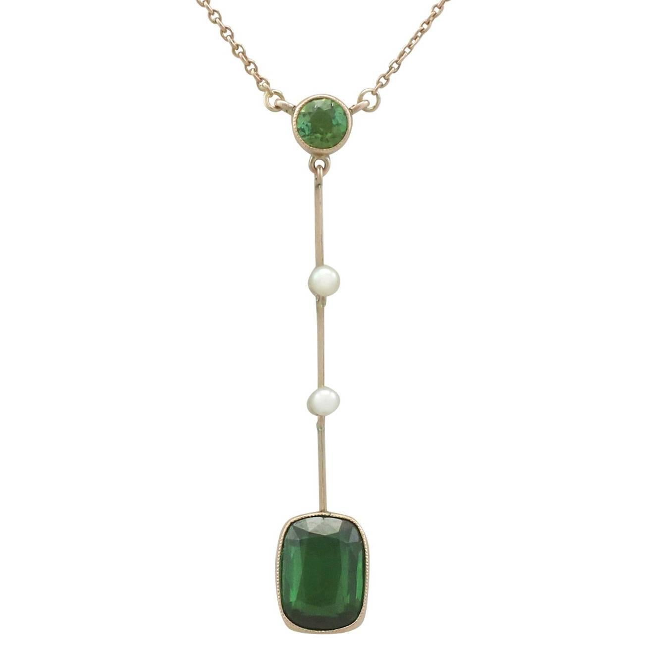 1900s 1.86 Carat Tourmaline and Seed Pearl Yellow Gold Necklace