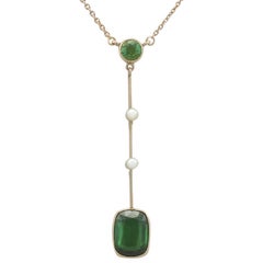 Antique 1900s 1.86 Carat Tourmaline and Seed Pearl Yellow Gold Necklace