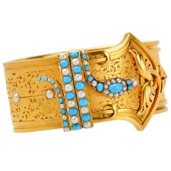 Rare Antique Victorian Turquoise Serpent Motif Gold Bangle Bracelet 1