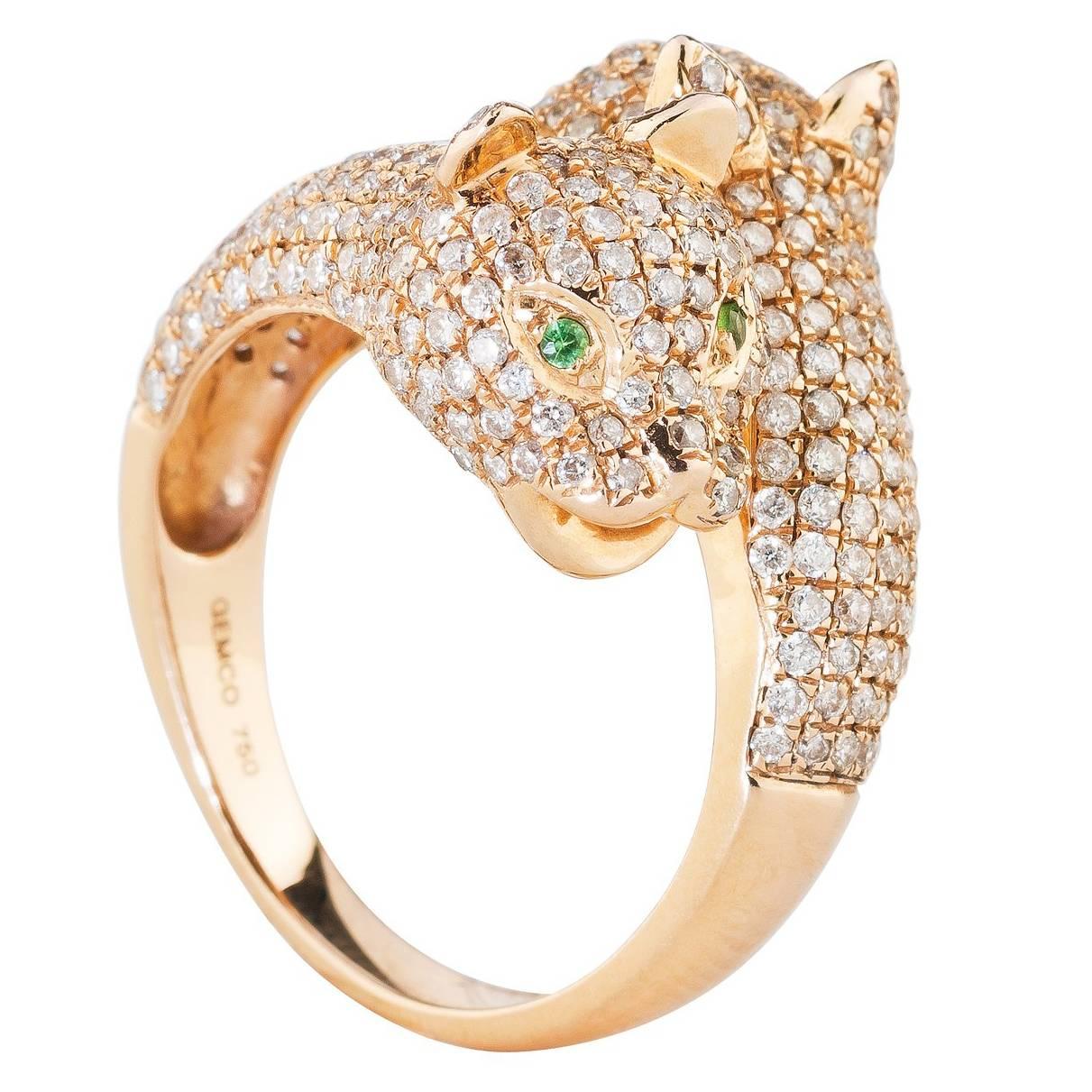 Panther Heads White Diamonds 1.86 Carat 18 Karat Yellow Gold Cocktail Ring For Sale