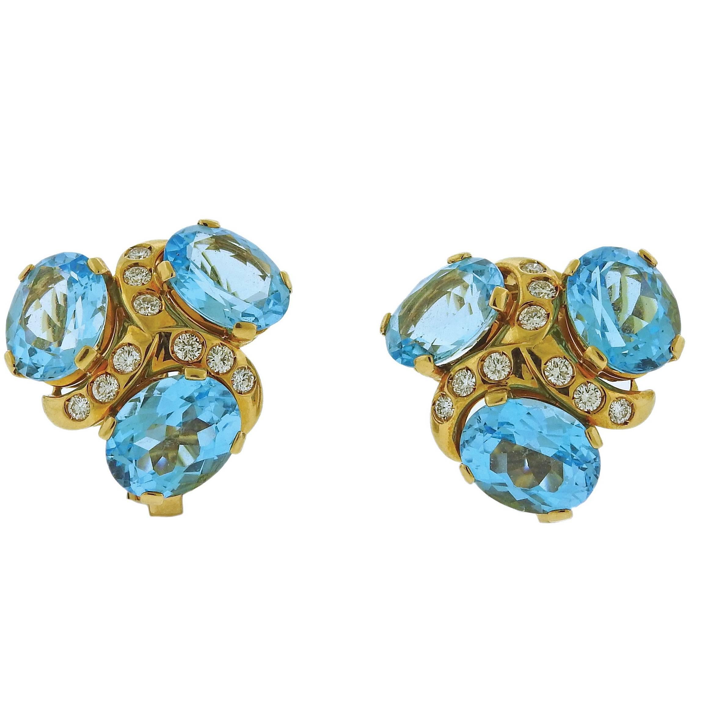 Verdura Blue Topaz Diamond Gold Earrings