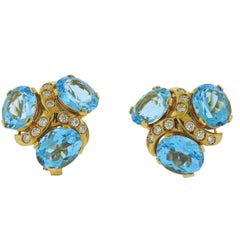 Verdura Blue Topaz Diamond Gold Earrings