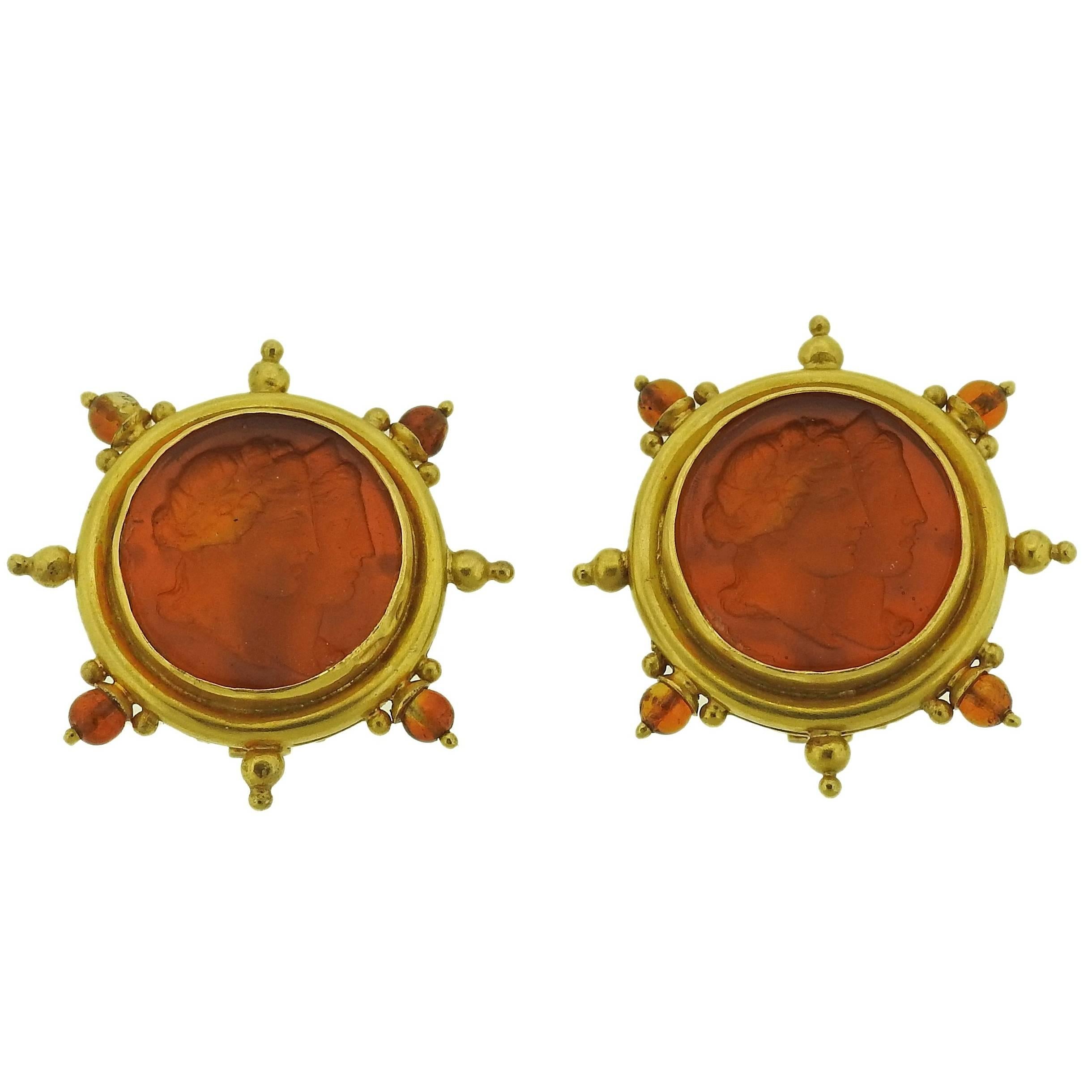 Elizabeth Locke Venetian Glass Intaglio Citrine Gold Earrings For Sale