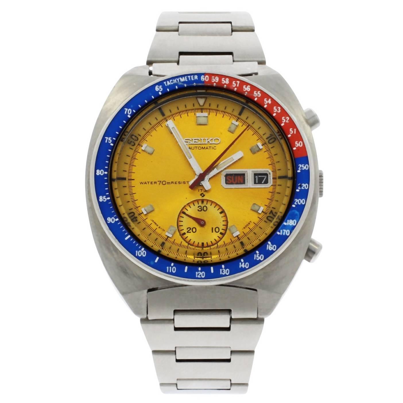 Seiko Stainless Steel Chronograph Tachymeter Bezel Wristwatch