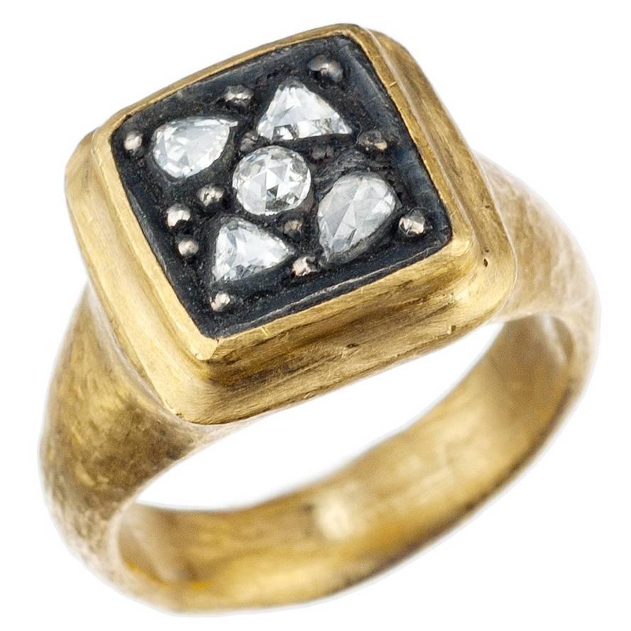 Yossi Harari “Gilver” Diamond Ring in 24 Karat Yellow Gold and Sterling Silver For Sale