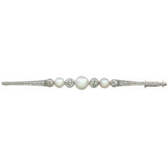 1920s Antique Diamond and Pearl, White Gold Bar Brooch 7