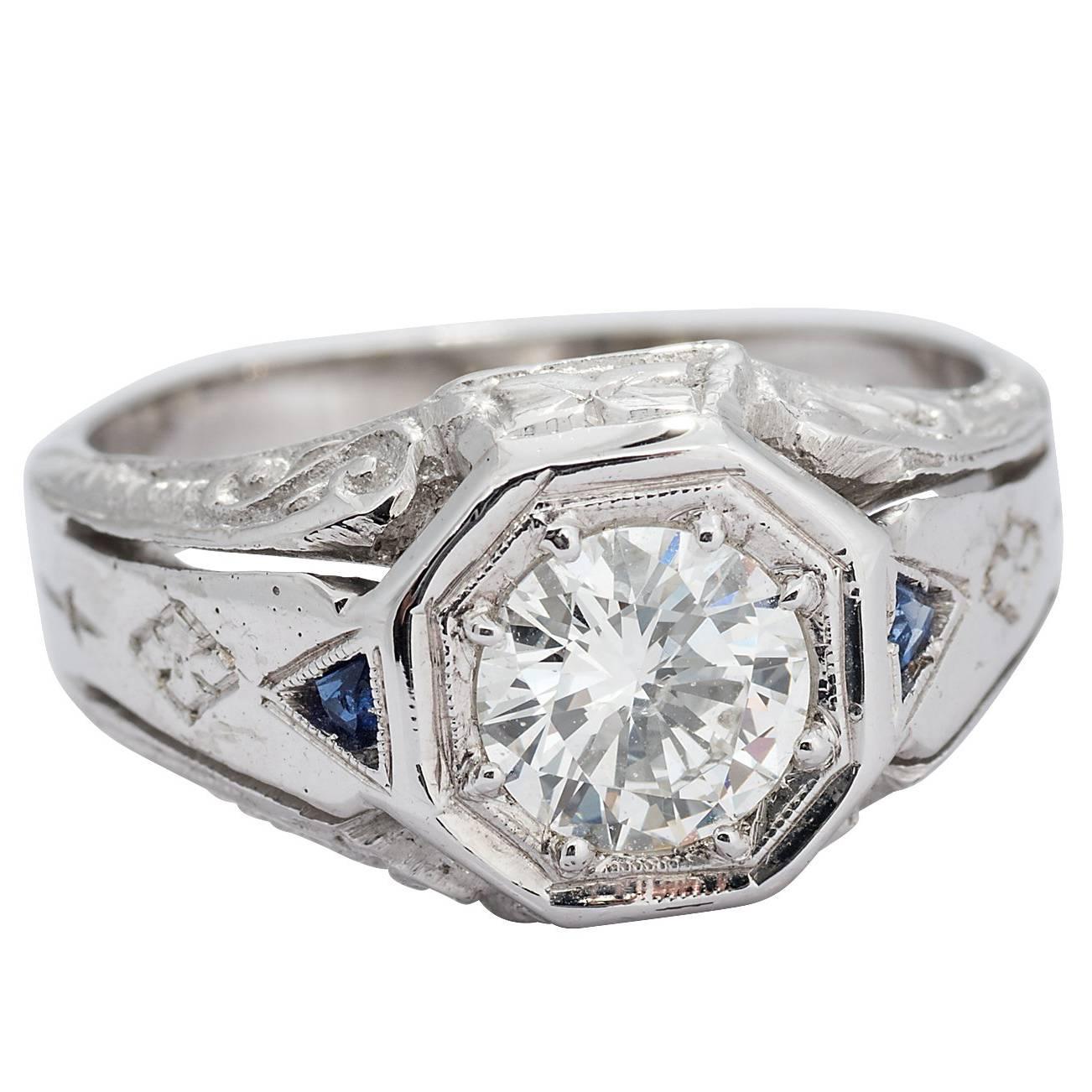 Art Deco 1.11 Carat Round Diamond and Sapphire White Gold Ring