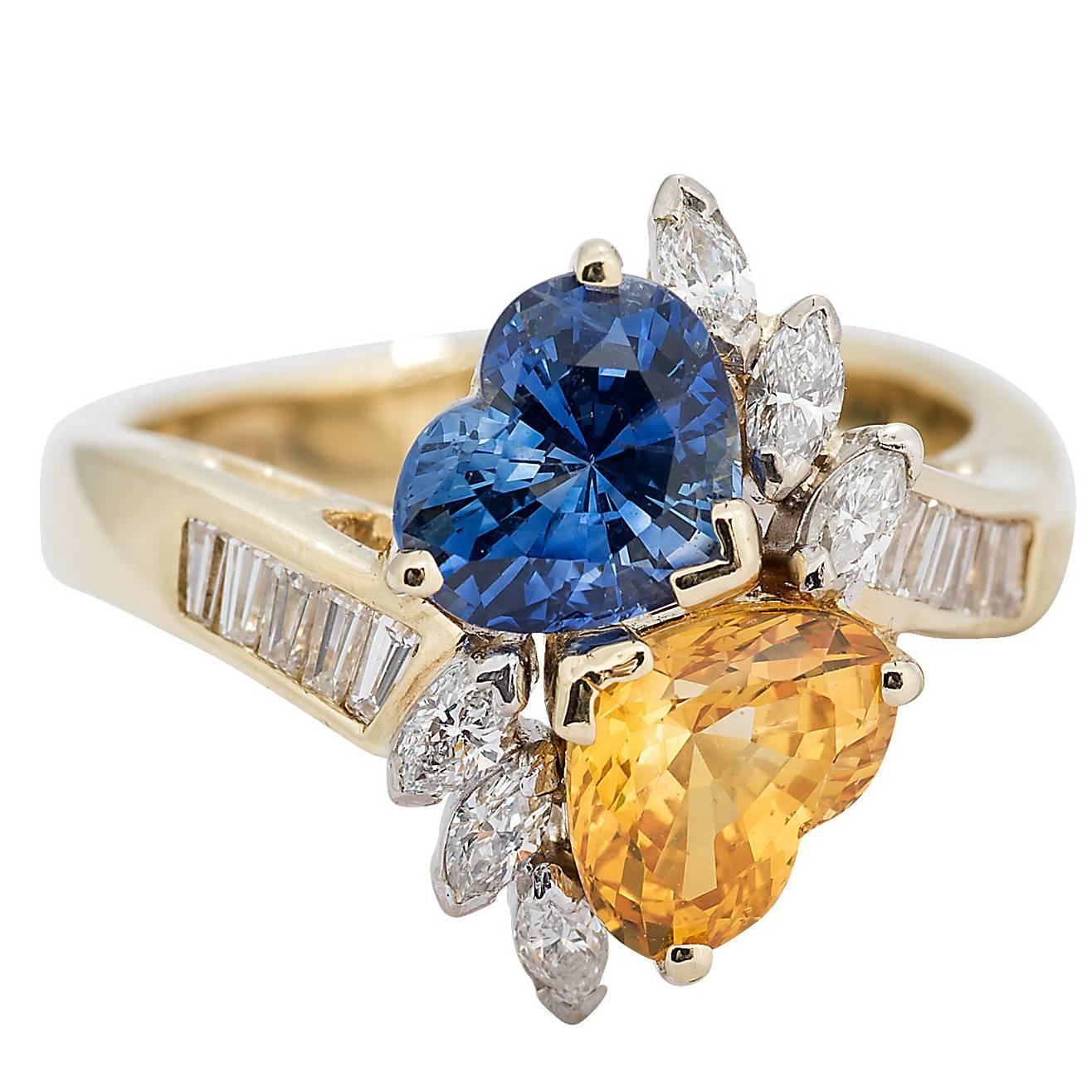 Hammerman Heart Shape Orange and Blue Sapphire and Diamond Yellow Gold Ring