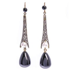 Antique Art Deco 18 Carat Gold Onyx, Diamond and Pearl Earrings