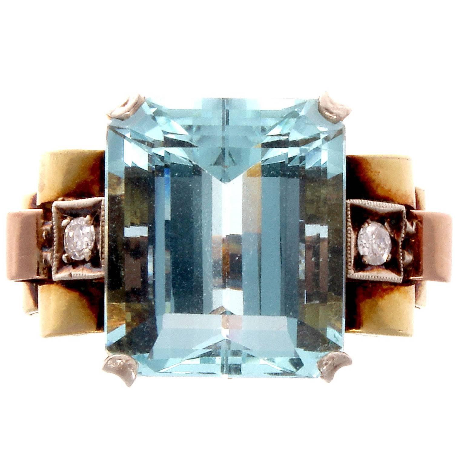 Retro Aquamarine Diamond Gold Ring