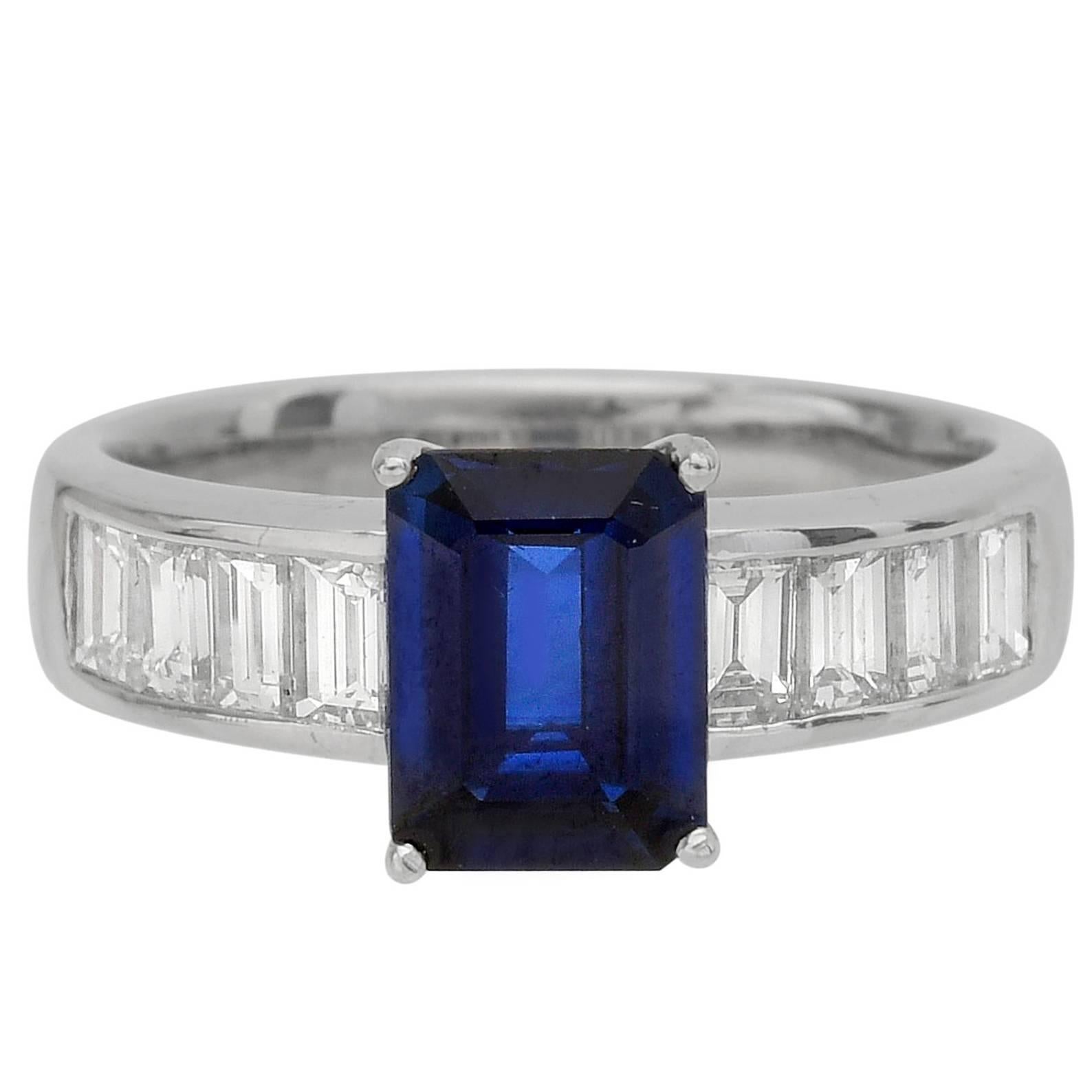 Emerald Cut Sapphire and Diamond Platinum Ring For Sale