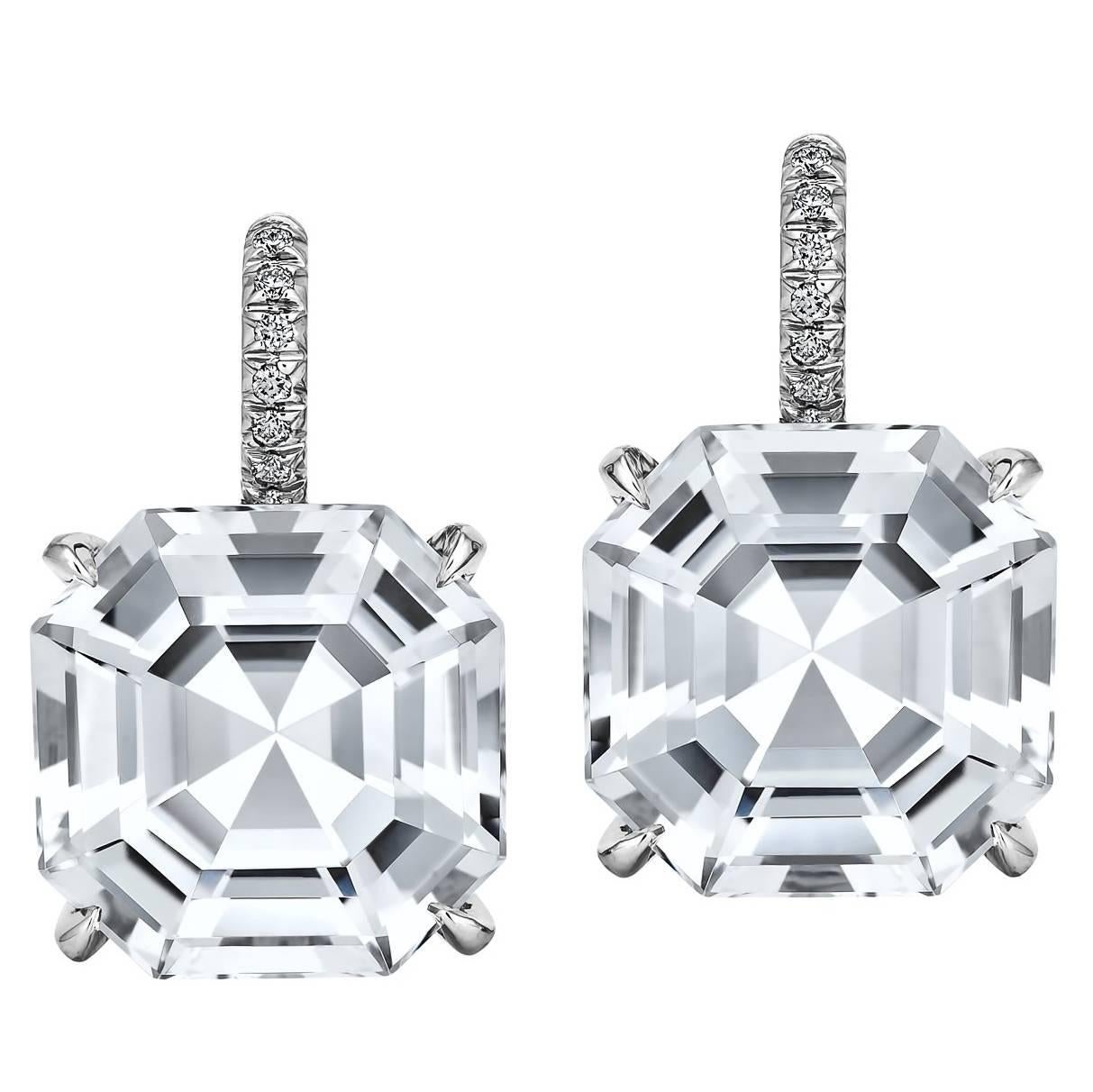 Asscher Cut White Topaz Diamond Platinum Drop Earrings