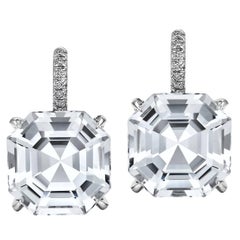 Asscher Cut White Topaz Diamond Platinum Drop Earrings 6