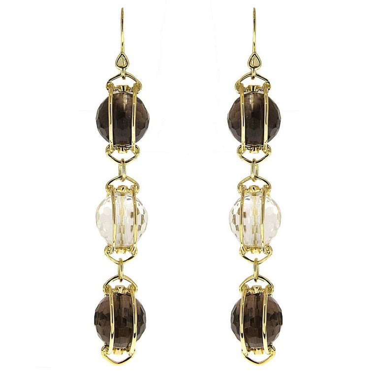 Triple Doppio Faceted Smokey Topaz and Crystal Ball Earrings For Sale