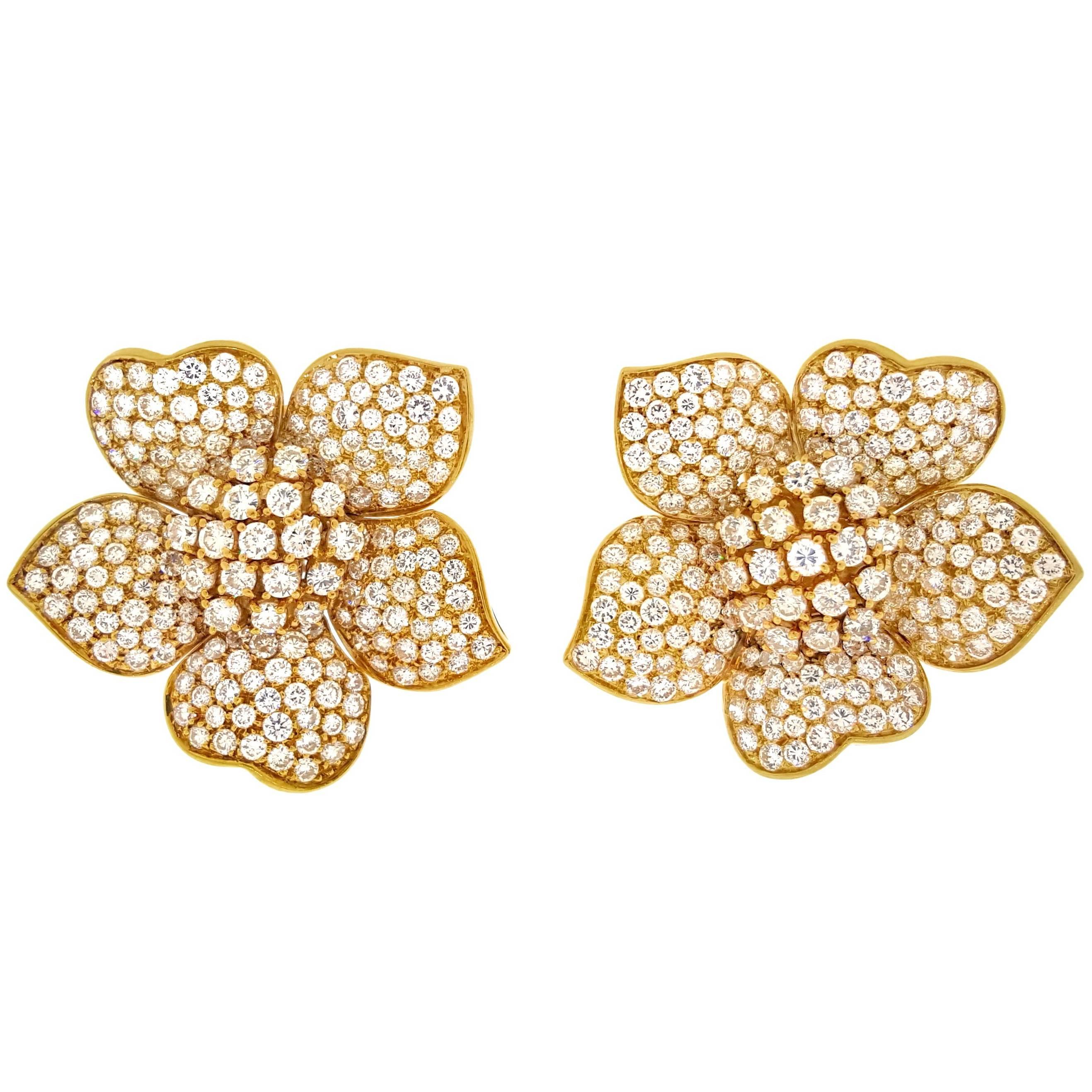 Estate Large Pave Diamond Flower Earrings 7.50 Carat in 18 Karat Yellow Gold