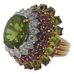 1960s Peridot Ruby Sapphire Diamond Gold Cocktail Ring