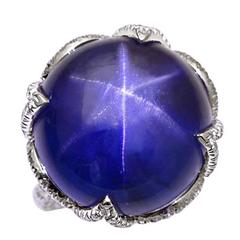 Natural Star Sapphire Diamond Platinum Lotus Ring