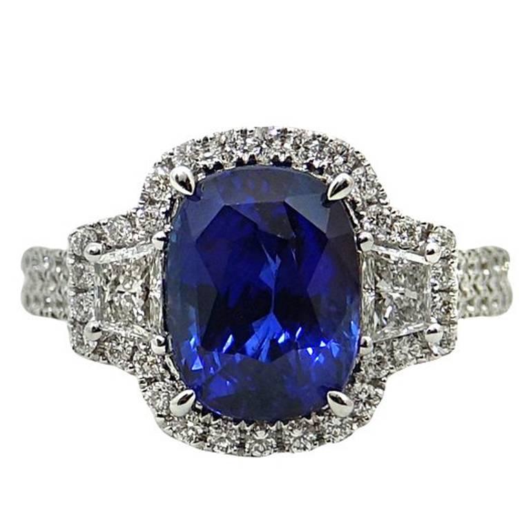 4.29 Carat Cushion Cut Sapphire and Diamond Engagement Ring For Sale