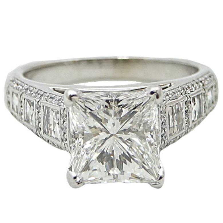 3.57 Carat Princess Cut Diamond White Gold Engagement Ring For Sale