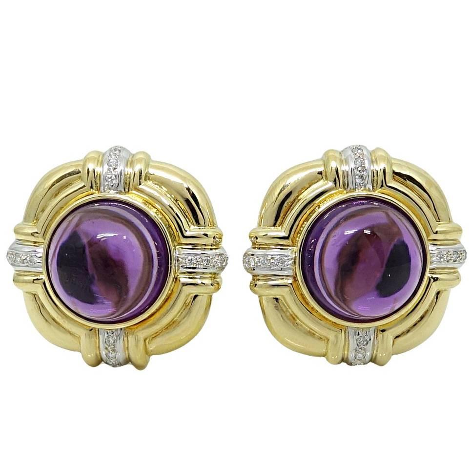 26.00 Carat Cabochon Amethyst Yellow Gold Earrings For Sale
