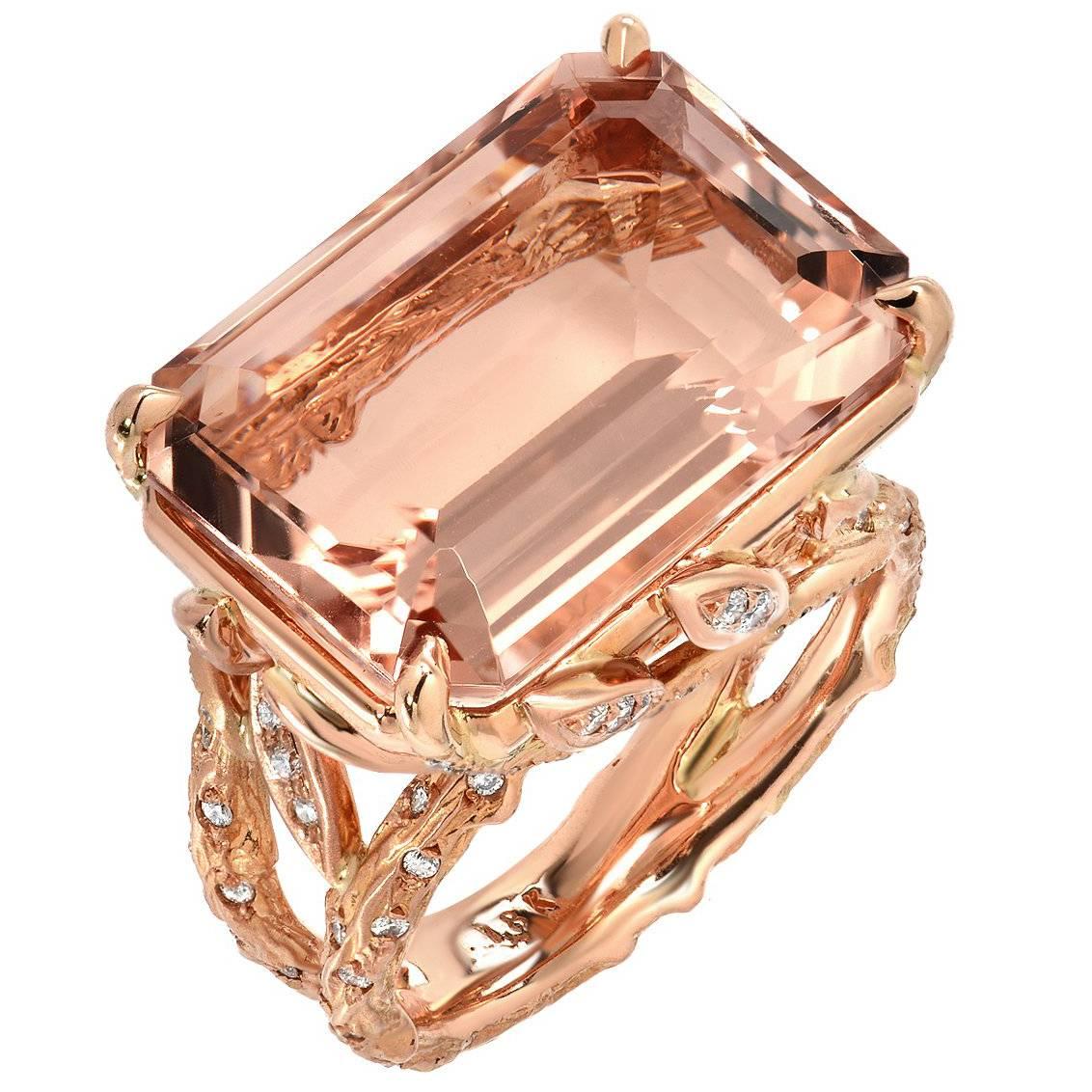 14.49 Carat Emerald Cut Morganite Diamond Rose Gold Ring