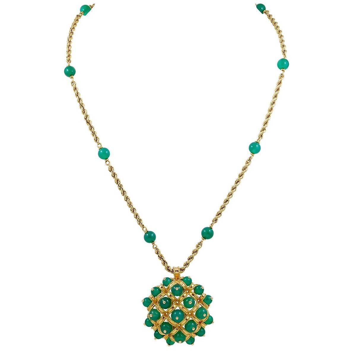 1970s Van Cleef & Arpels Chrysoprase Gold Chain Necklace