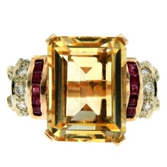 15 Carat Quartz Citrine Ruby Diamonds Gold Ring