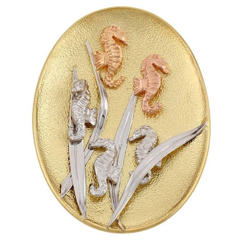 18k Yellow White and Rose Gold SEAHORSE CONVERGENCE Brooch John Landrum Bryant For Sale
