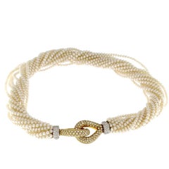 Vintage Interchangeable Multi-Threaded Pearls Hematite, Coral and 18 Karat Gold Diamond