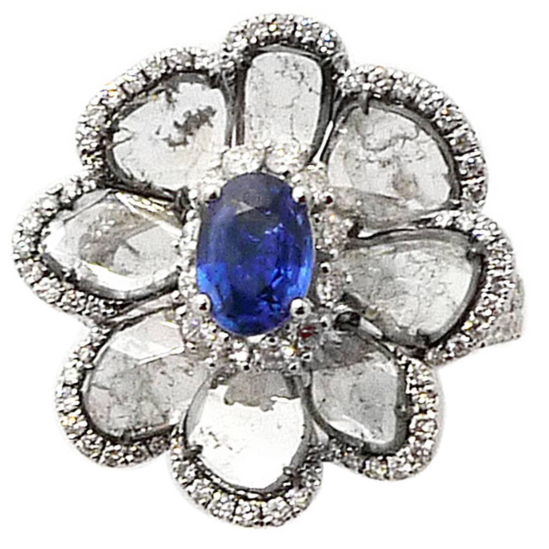 Blue Sapphire and Sliced Diamond Floral Ring