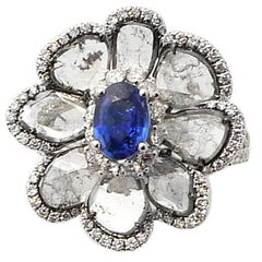 Blue Sapphire and Sliced Diamond Floral Ring