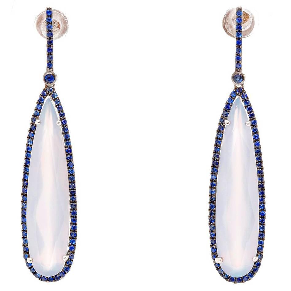Elongated Chalcedony Pear Earring with Sapphire Halo