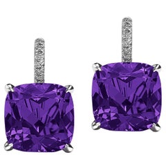 Cushion Cut Amethyst Diamond Platinum Drop Earrings 5