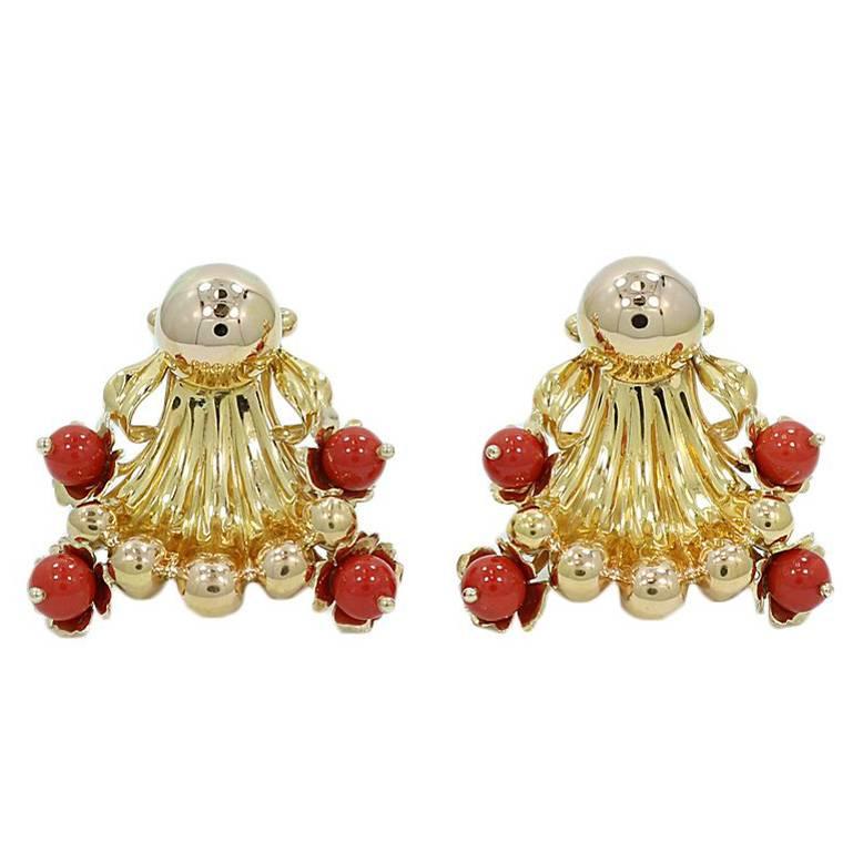 Coral Free-Form Yellow Gold Earrings For Sale
