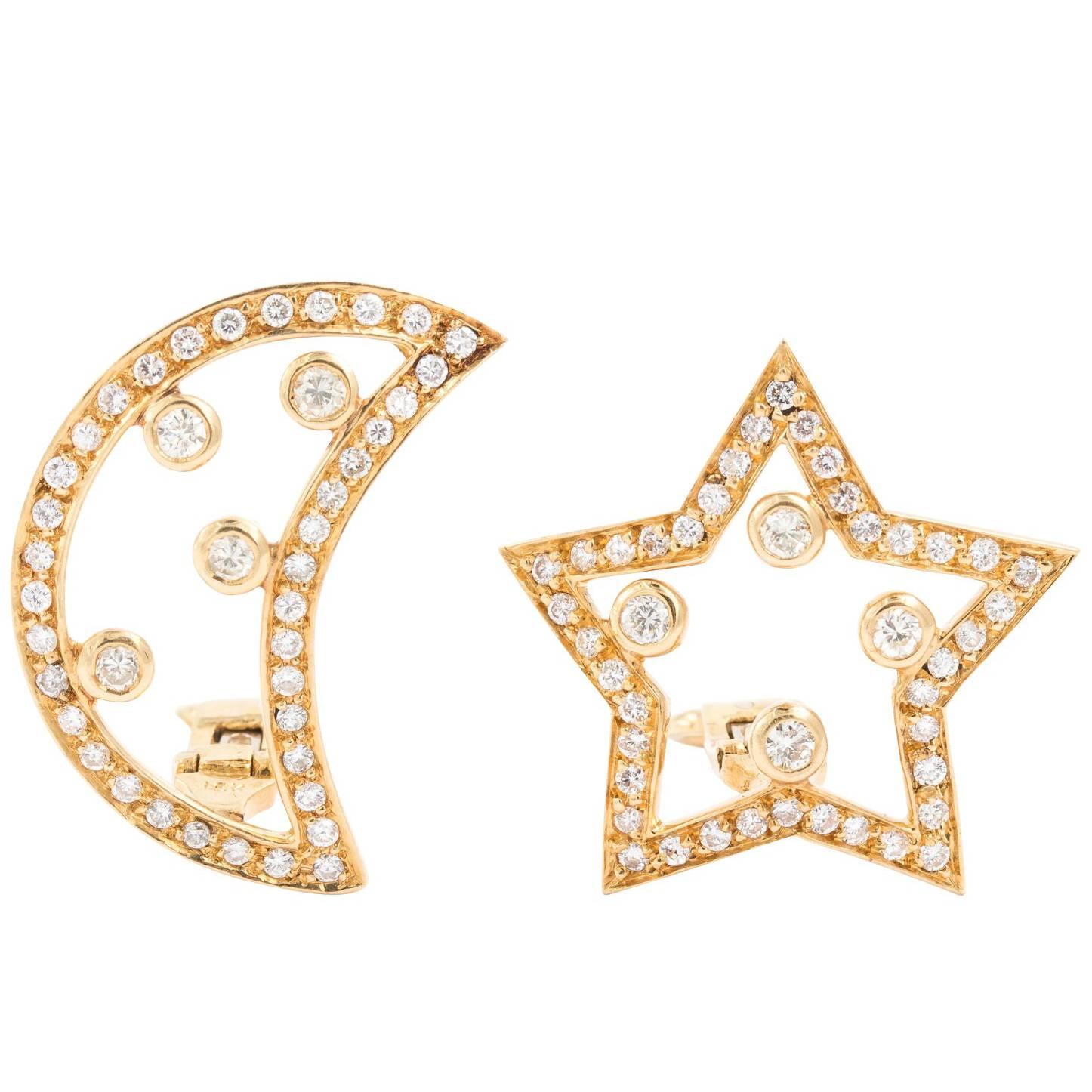 Pair of 18 Karat Diamond Moon and Star Earrings For Sale